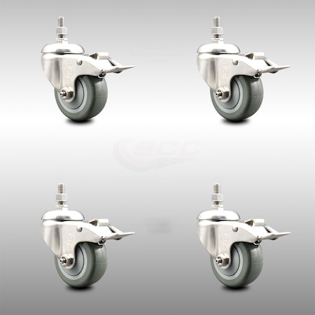 Service Caster 3.5 Inch 316SS Gray Polyurethane Swivel 10mm Stem Caster Set Lock Brake SCC SCC-SS316TSTTL20S3514-PPUB-M1015-4